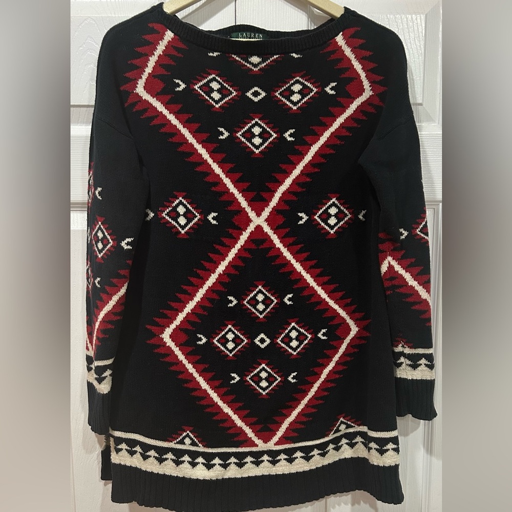 Lauren Ralph Lauren Long Tunic Sweater  Size Medium Aztec Southwestern Boatneck